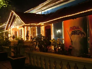 The lit up Gonsalves Mansion